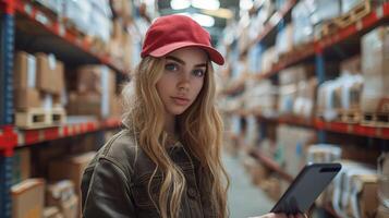 Young Female Entrepreneur Managing Inventory in Warehouse Using Smartphone App photo
