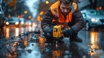 concentrado trabajador en reflexivo chaleco utilizando perforar en mojado urbano la carretera a oscuridad foto