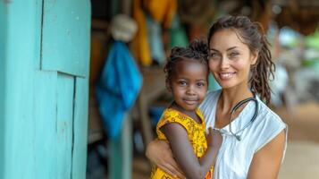 Smiling Female Caregiver Embracing a Joyful Young Girl in a Rustic Clinic Setting photo