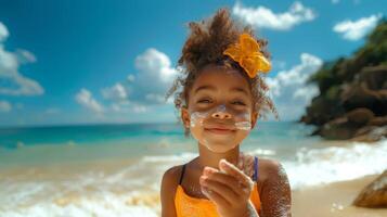 joven niña con protector solar disfrutando un soleado playa día, linda sonrisa y tropical ajuste foto