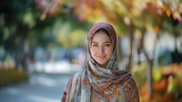 Portrait of a Young Muslim Woman Wearing a Colorful Hijab in an Autumnal Urban Setting photo