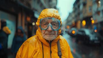 Elderly Man in Yellow Raincoat Braving the Rainy City Streets photo