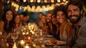 alegre multicultural amigos disfrutando un festivo cena fiesta al aire libre foto