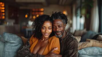 Happy Mature Black Couple Enjoying Time Together in a Cozy Home Setting photo