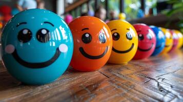 Colorful Emoticon Balls Lined Up on Wooden Table in a Row for Interactive Activities photo