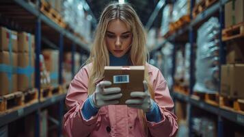 Female Small Business Owner Scanning Barcodes in Warehouse Using Mobile App photo