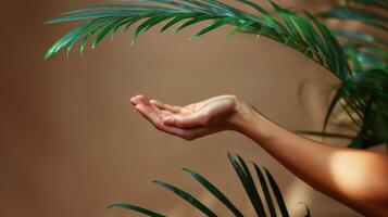 Elegant Female Hand Extended Gracefully Against a Warm Brown Background and Lush Green Leaves photo