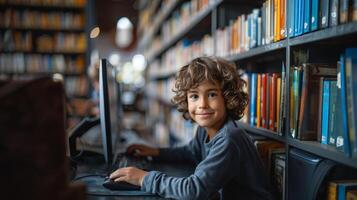 joven chico alegremente utilizando computadora en biblioteca rodeado por libros foto