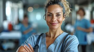 Confident Female Healthcare Professional in Hospital Setting, Posing With Team in Background photo