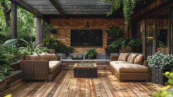Luxurious Outdoor Living Space with Modern Wicker Furniture and Lush Plants photo