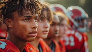 Focused Young American Football Players in Red Jerseys After a Game photo