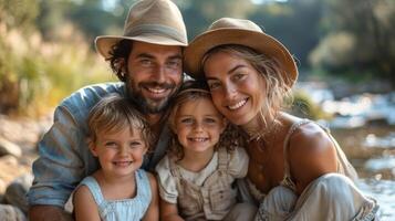 Happy Family Spending Quality Time Together Outdoors by a River photo