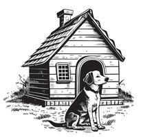 Dog sitting near the doghouse sketch hand drawn in engraving style illustration vector