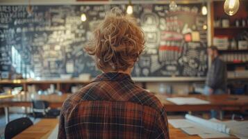 Young Student Solving Math Problems in a Busy Class with Chalkboard Background photo