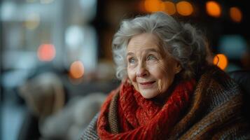 Elderly Woman Wrapped in a Knitted Shawl Smiling in Cozy Indoor Setting photo