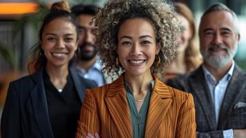 Diverse Group of Business Professionals Smiling in Office Setting photo