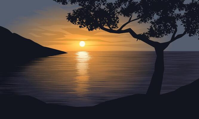 Beautiful view of ocean sunset from the hill with tree silhouette