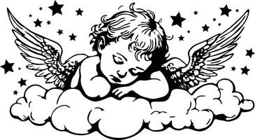 bebé ángel dormido en un nube con estrellado cielo vector