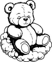 A black and white drawing of a teddy bear sleeping on a cloud. vector