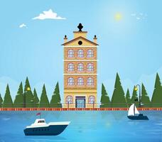 Modern apartment in front of lake, river wooden cottage residential home building or bungalow nature illustration vector