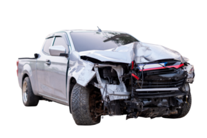 Front of gray or bronze pickup car get damaged by accident on the road. damaged cars after collision. isolated on transparent background, File png