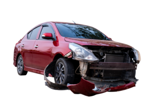 Car crash, Full body front and side view of red car get damaged by accident on the road. damaged cars after collision. Isolated on transparent background, car crash broken, File png