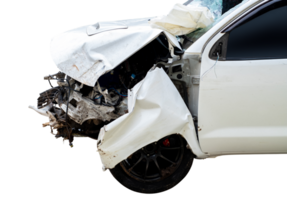 Car crash, Front and side view of white car get damaged by accident on the road. damaged cars after collision. Isolated on transparent background, car crash broken, File png