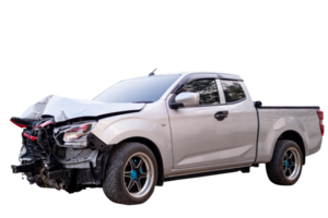 Front of gray or bronze pickup car get damaged by accident on the road. damaged cars after collision. isolated on transparent background, File png