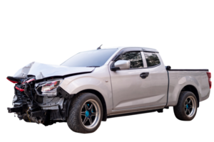 Front of gray or bronze pickup car get damaged by accident on the road. damaged cars after collision. isolated on transparent background, File png