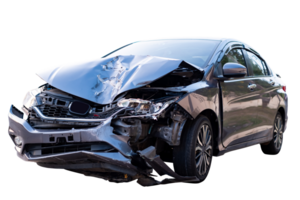 auto incidente, davanti e lato di moderno nero auto ottenere danneggiato di incidente su il strada. danneggiato macchine dopo collisione. isolato su trasparente sfondo, file png