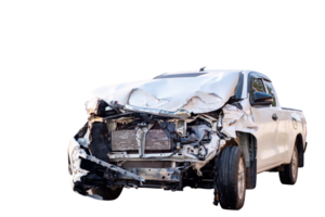 Front of gray or bronze pickup car get damaged by accident on the road. damaged cars after collision. isolated on transparent background, File png