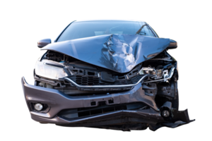 Car crash, Front view of new bronze car get damaged by accident on the road. damaged cars after collision. isolated on transparent background, car crash bumper graphic design element, File png