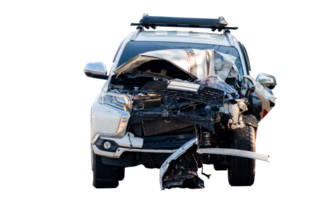 Full body front and side view of white car get damaged by accident on the road. damaged cars after collision. Isolated on transparent background, car crash broken, File png