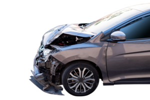 auto incidente, davanti e lato Visualizza di moderno nero auto ottenere danneggiato di incidente su il strada. danneggiato macchine dopo collisione. isolato su trasparente sfondo. file png