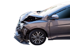 Car crash, Front and side view of modern black car get damaged by accident on the road. damaged cars after collision. isolated on transparent background. File png