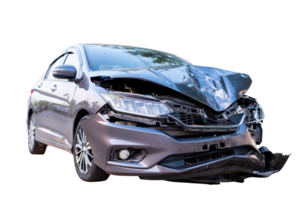 Car crash, Front and side view of modern black car get damaged by accident on the road. damaged cars after collision. isolated on white background with clipping path include png