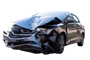 auto incidente, davanti e lato di moderno nero auto ottenere danneggiato di incidente su il strada. danneggiato macchine dopo collisione. isolato trasparente sfondo, file png
