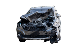 Car crash, Front view of new bronze car get damaged by accident on the road. damaged cars after collision. isolated on transparent background, car crash bumper graphic design element, File png