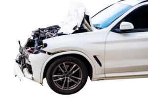 Car crash, Front and side view of white car get damaged by accident on the road. damaged cars after collision. Isolated on transparent background, car crash broken, File png