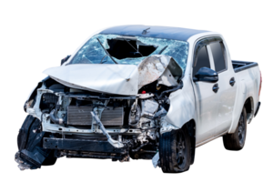 Front and side view of white or bronze pickup car get damaged by accident on the road. damaged cars after collision. isolated on transparent background, File png