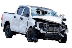 Front and Side view of white pickup car get damaged by accident on the road. damaged cars after collision. isolated on transparent background. File png