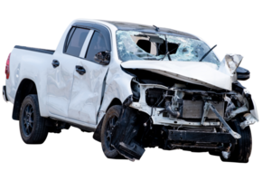 Front and Side view of white pickup car get damaged by accident on the road. damaged cars after collision. isolated on transparent background. File png