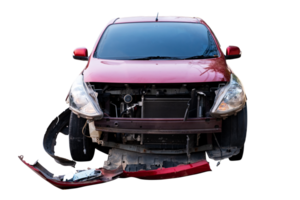 Car crash,Front view of red car get damaged by accident on the road. damaged cars after collision. Isolated on transparent background, car crash broken, Bumper, File png