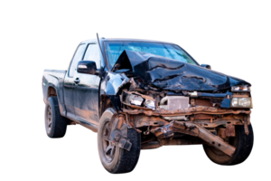 Front and side view of black pickup truck car get damaged by accident on the road. damaged cars after collision. isolated on transparent background, File png