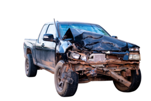 Front and side view of black pickup truck car get damaged by accident on the road. damaged cars after collision. isolated on transparent background, File png