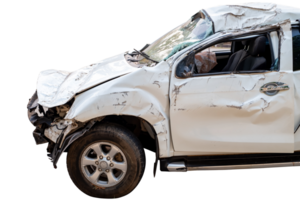 Car crash, Front and side view of white car get damaged by accident on the road. damaged cars after collision. Isolated on transparent background, car crash broken, File png