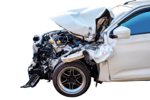 Car crash, Front and side view of white car get damaged by accident on the road. damaged cars after collision. Isolated on transparent background, car crash broken, File png