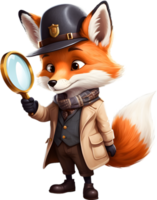 A friendly red fox wearing a detective hat and scarf. AI-Generated. png