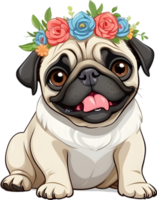 A grumpy but adorable pug puppy is wearing a flower crown. AI-Generated. png