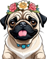 A grumpy but adorable pug puppy is wearing a flower crown. AI-Generated. png